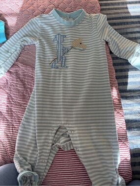 Trotters Light Blue & White Striped Baby Footie with Puppy Stick-Pony Applique